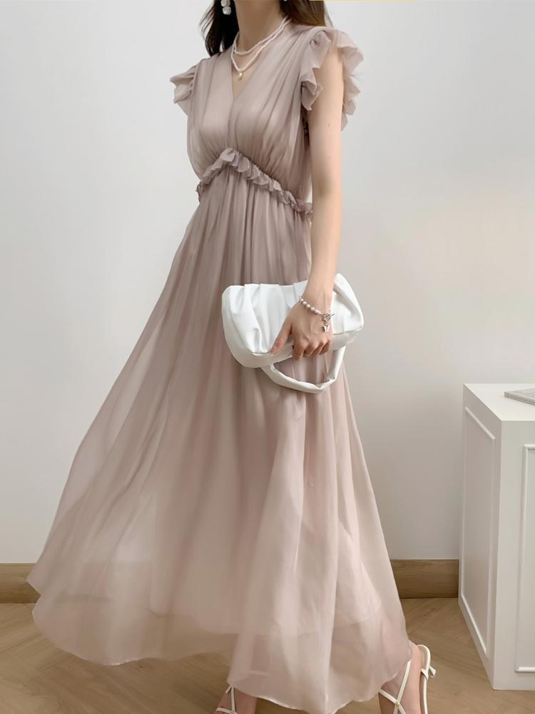 Fine White V Neck Wrinkled Patchwork Chiffon Dresses Butterfly Sleeve EE031 shopify