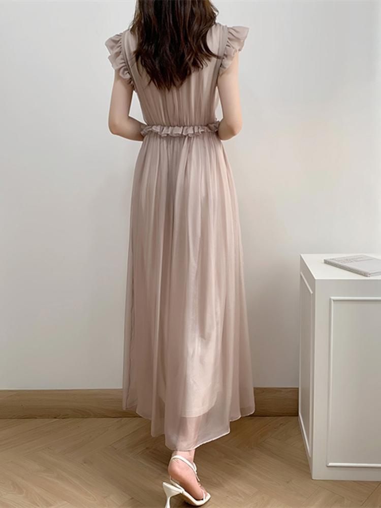 Fine White V Neck Wrinkled Patchwork Chiffon Dresses Butterfly Sleeve EE031 shopify