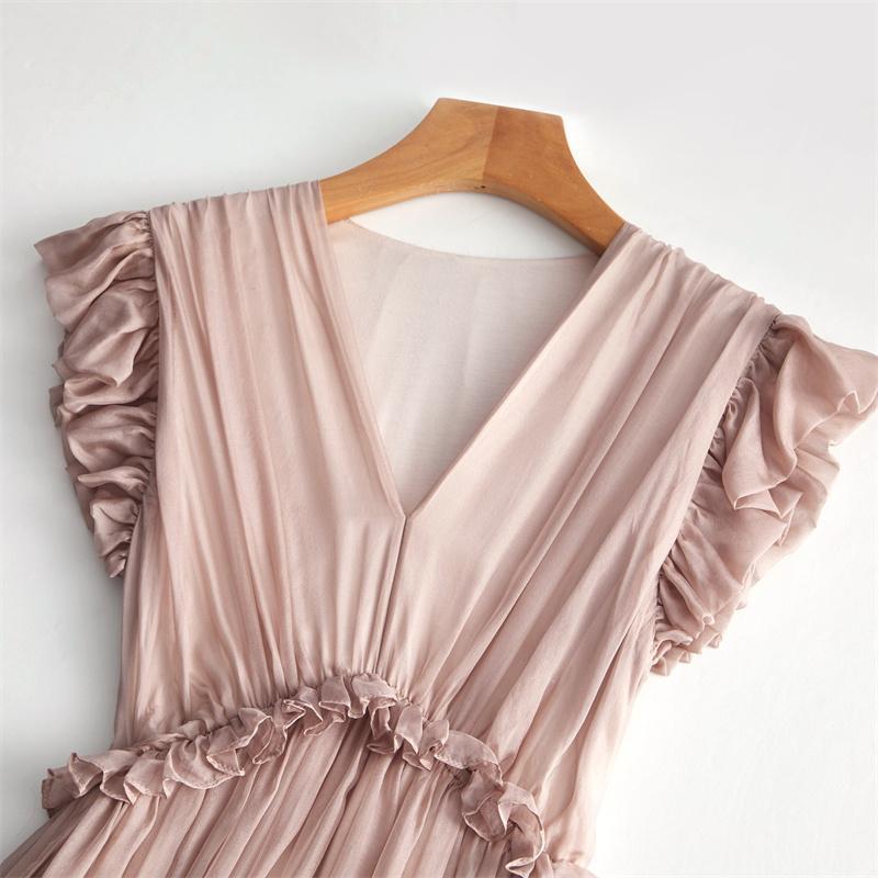 Fine White V Neck Wrinkled Patchwork Chiffon Dresses Butterfly Sleeve EE031 shopify