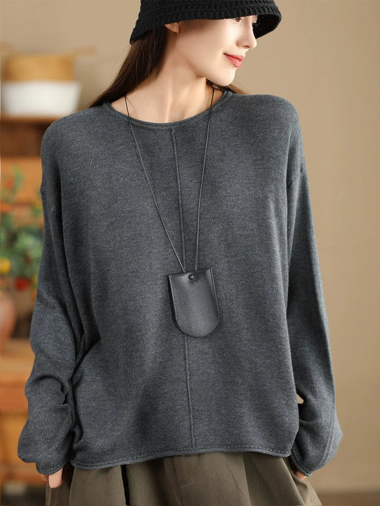 Women Solid Casual O-Neck Knit Loose Silk Blouse AV1036 Genistyle Shop