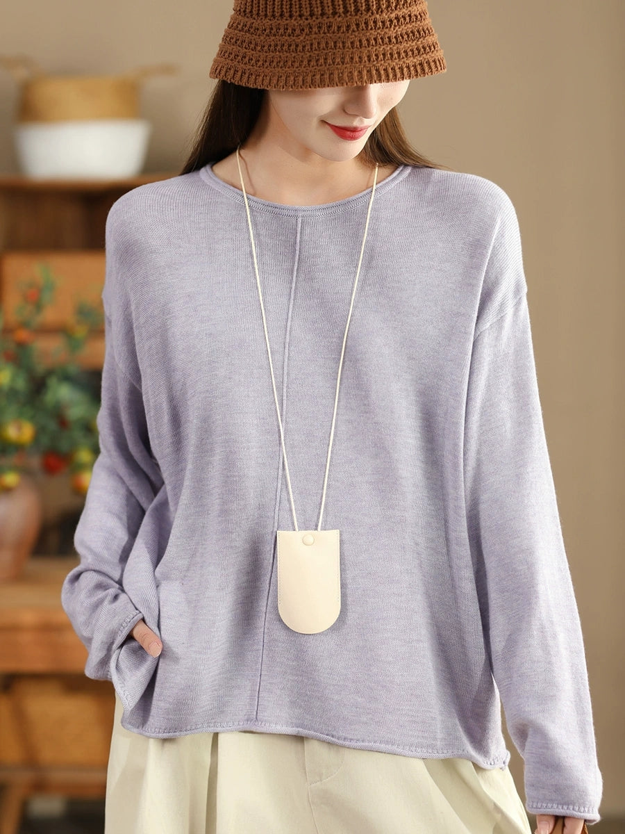 Women Solid Casual O-Neck Knit Loose Silk Blouse WG033 ZMMM