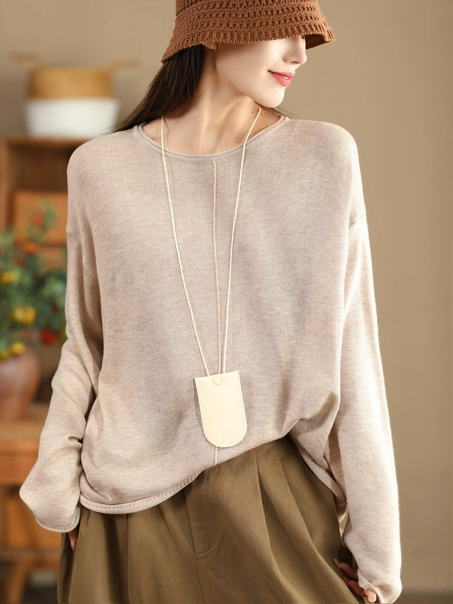 Women Solid Casual O-Neck Knit Loose Silk Blouse WG033 ZMMM