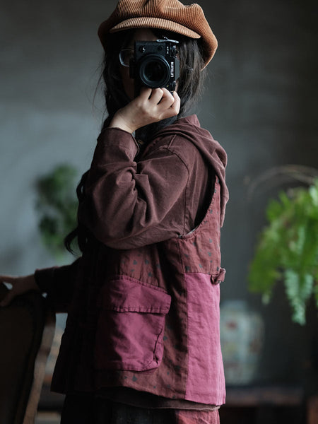 Women Autumn Patchwork Spliced Hooded 100%Linen Vest AV1028 Genistyle Shop