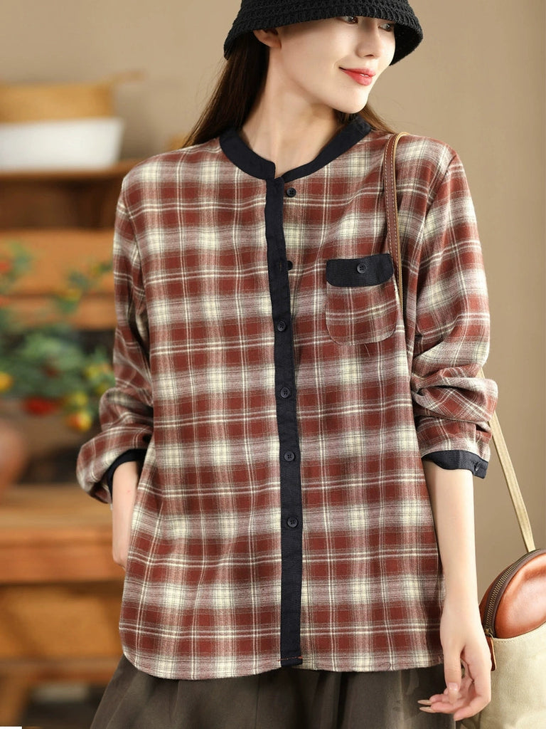 Women Ethnic Autumn Plaid Cotton Colorblock Shirt Coat AV1034 Genistyle Shop