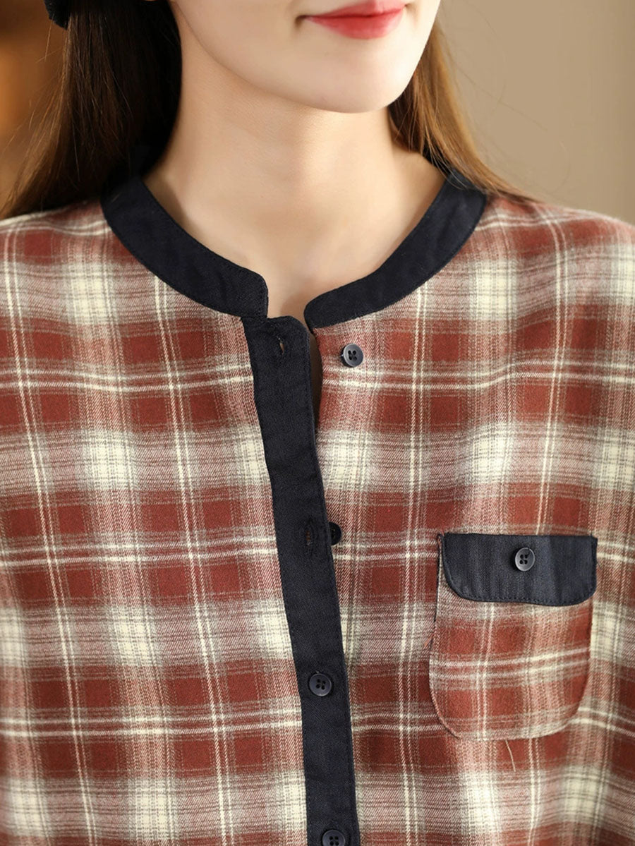 Women Ethnic Autumn Plaid Cotton Colorblock Shirt Coat AV1034 Genistyle Shop