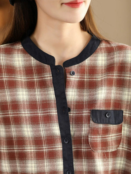 Women Ethnic Autumn Plaid Cotton Colorblock Shirt Coat AV1034 Genistyle Shop
