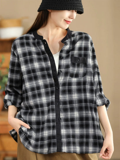 Women Ethnic Autumn Plaid Cotton Colorblock Shirt Coat AV1034 Genistyle Shop