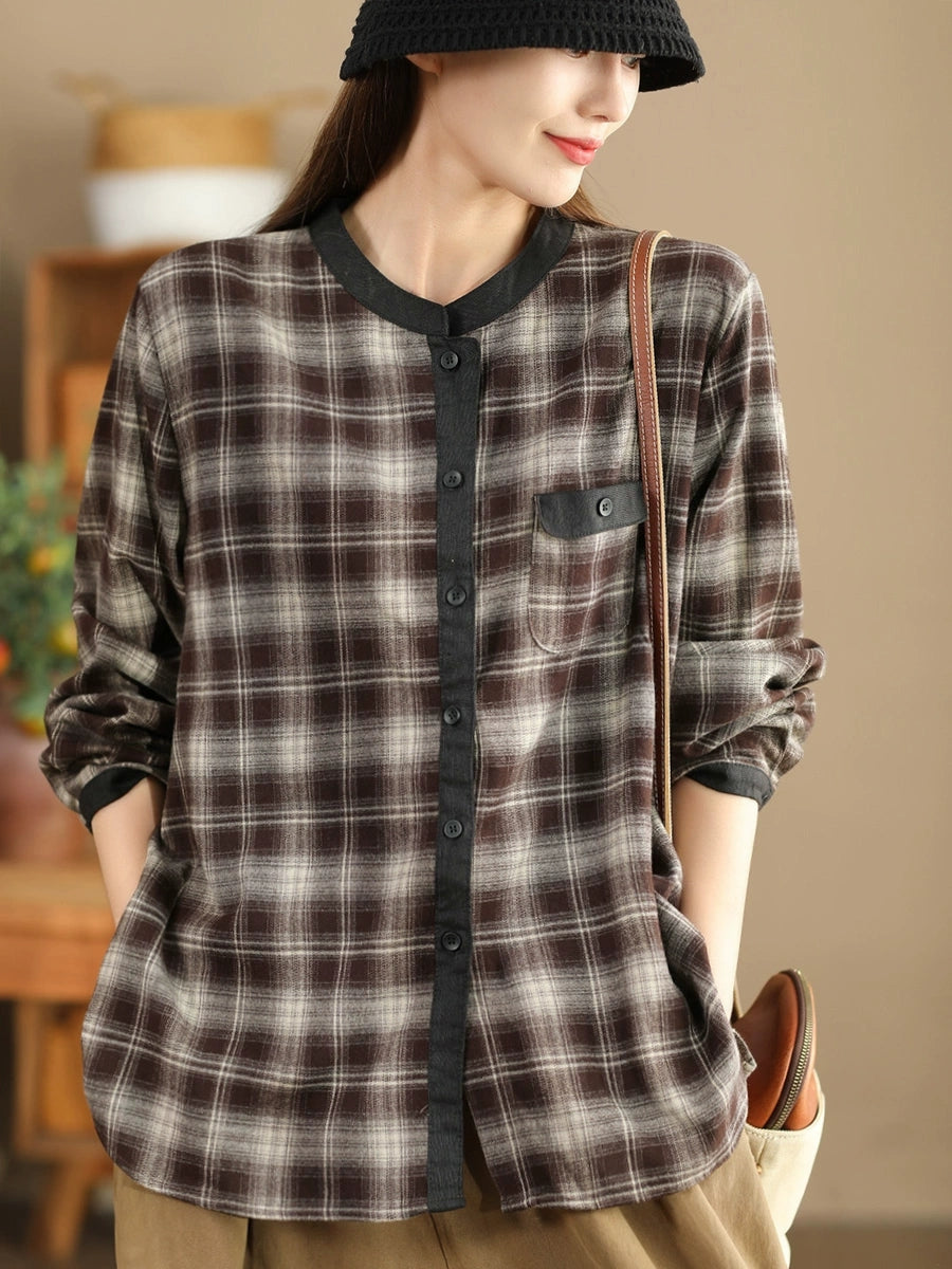 Women Ethnic Autumn Plaid Cotton Colorblock Shirt Coat AV1034 Genistyle Shop