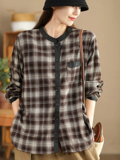 Women Ethnic Autumn Plaid Cotton Colorblock Shirt Coat AV1034 Genistyle Shop