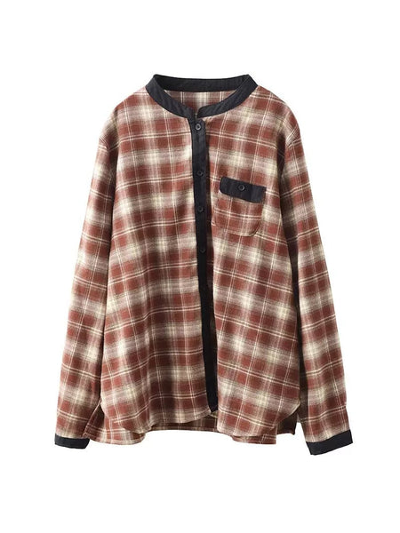 Women Ethnic Autumn Plaid Cotton Colorblock Shirt Coat AV1034 Genistyle Shop