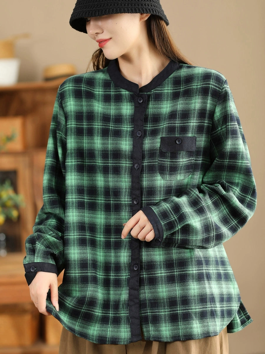Women Ethnic Autumn Plaid Cotton Colorblock Shirt Coat AV1034 Genistyle Shop