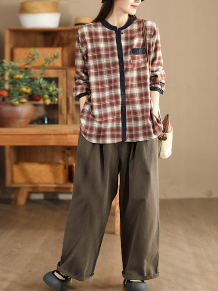 Women Ethnic Autumn Plaid Cotton Colorblock Shirt Coat AV1034 Genistyle Shop