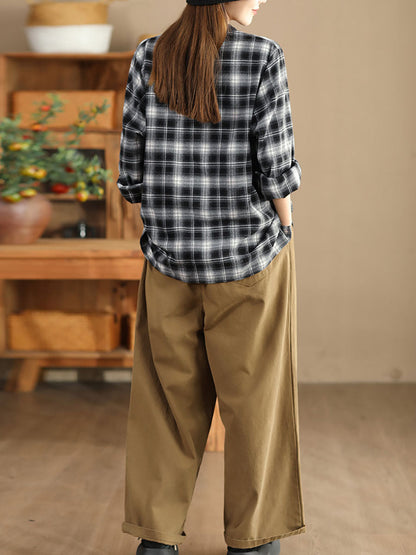 Women Ethnic Autumn Plaid Cotton Colorblock Shirt Coat AV1034 Genistyle Shop