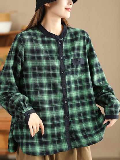 Women Ethnic Autumn Plaid Cotton Colorblock Shirt Coat AV1034 Genistyle Shop