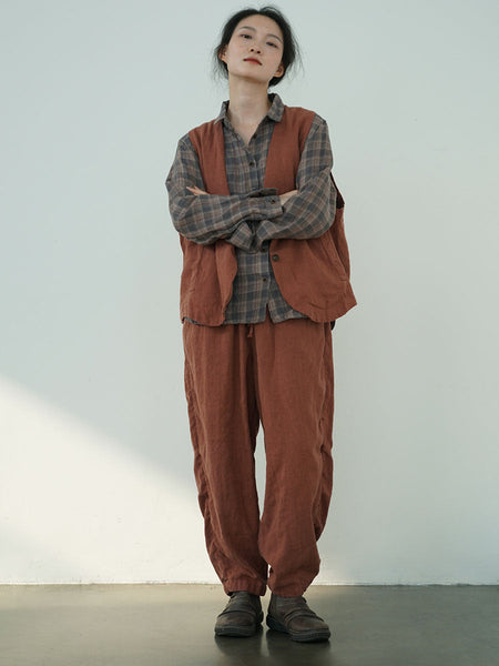 Women Autumn Vintage Solid Linen Loose Pants AV1030 Genistyle Shop