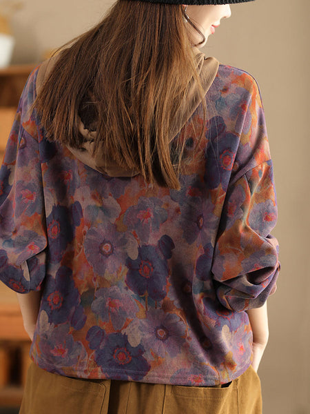 Women Casual Autumn Flower Hooded Cotton Sweatshirt WG021 ZMMM