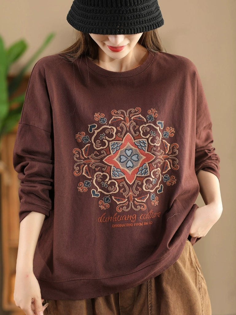 Women Autumn Flower Embroidery O-Neck Cotton Sweatshirt WG034 BK