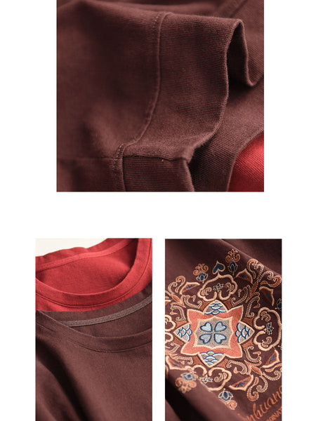 Women Autumn Flower Embroidery O-Neck Cotton Sweatshirt WG034 BK