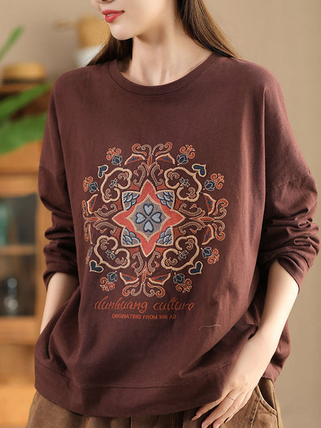 Women Autumn Flower Embroidery O-Neck Cotton Sweatshirt WG034 BK