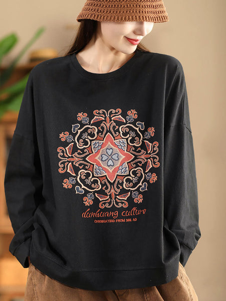 Women Autumn Flower Embroidery O-Neck Cotton Sweatshirt WG034 BK