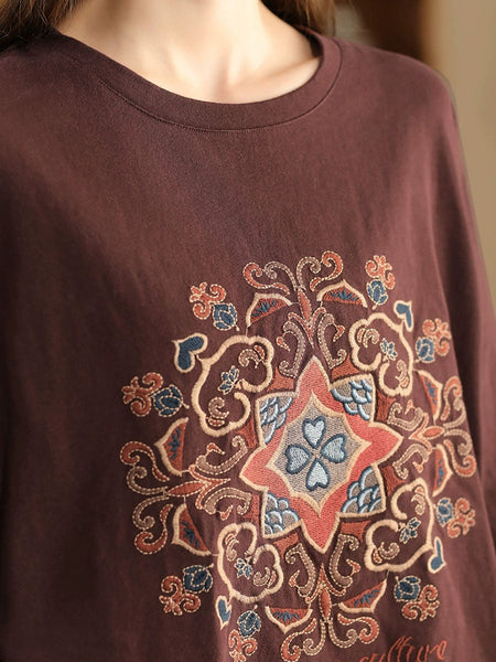 Women Autumn Flower Embroidery O-Neck Cotton Sweatshirt WG034 BK
