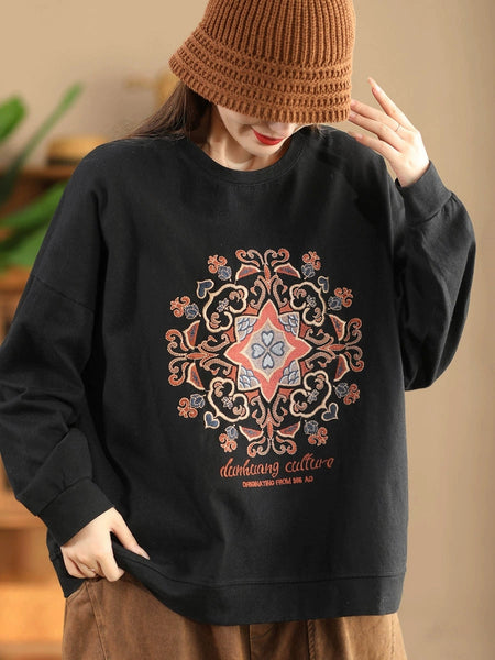 Women Autumn Flower Embroidery O-Neck Cotton Sweatshirt WG034 BK