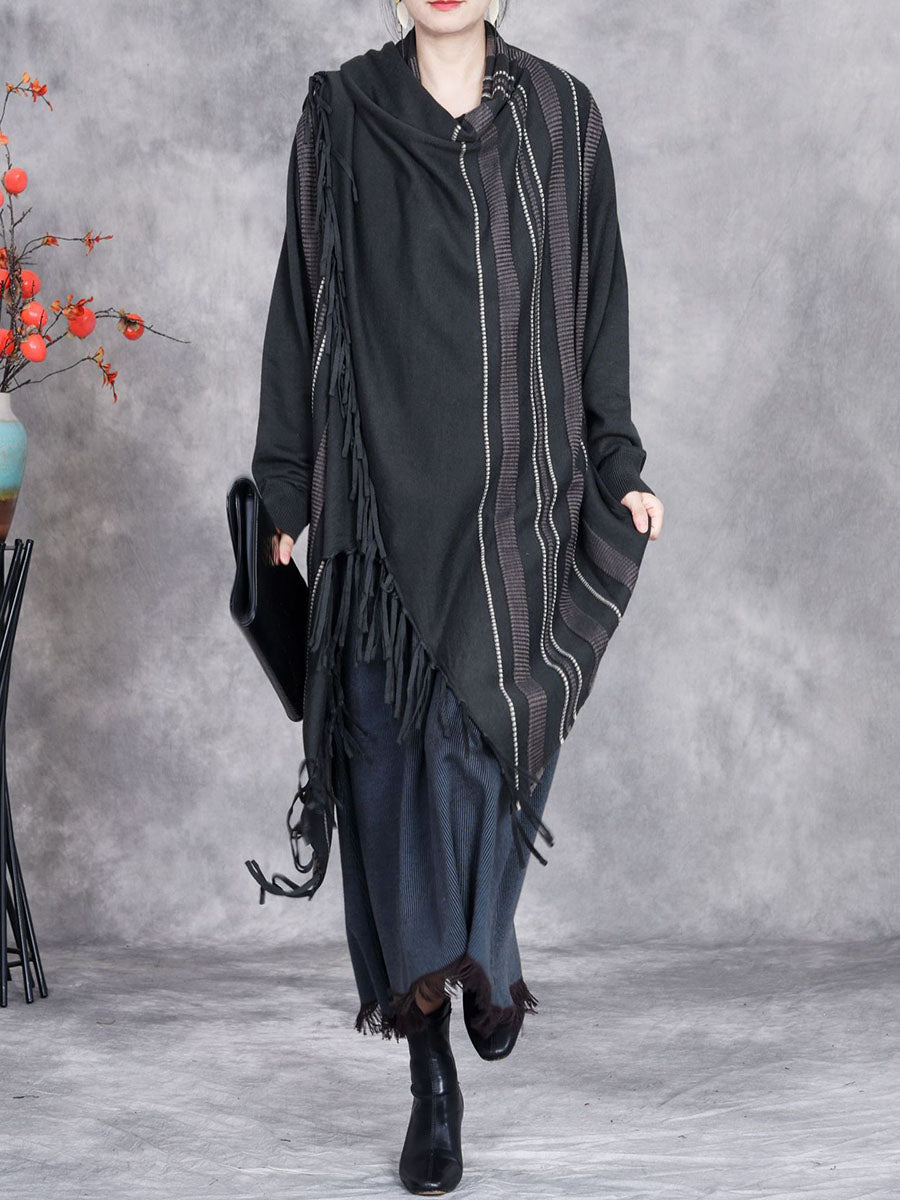 Women Autumn Artsy Stripe Knitted Tassel Cardigan Coat WG032 BK