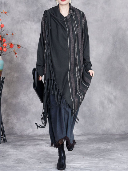 Women Autumn Artsy Stripe Knitted Tassel Cardigan Coat WG032 BK