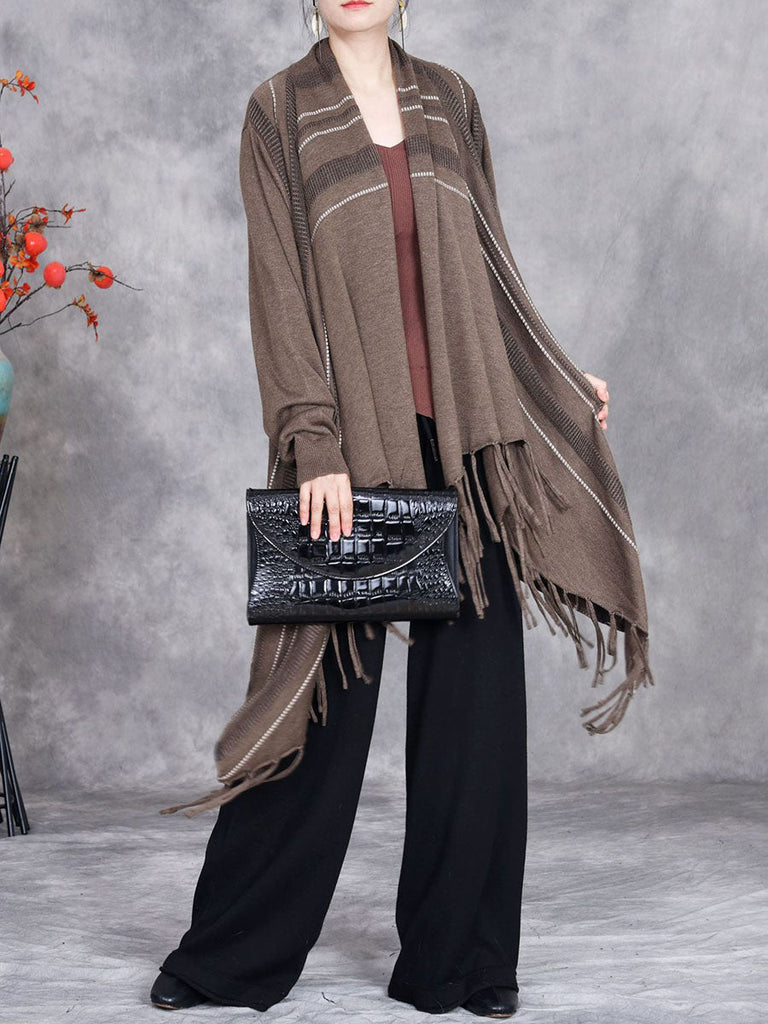 Women Autumn Artsy Stripe Knitted Tassel Cardigan Coat AV1049 Genistyle Shop