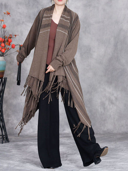 Women Autumn Artsy Stripe Knitted Tassel Cardigan Coat WG032 BK