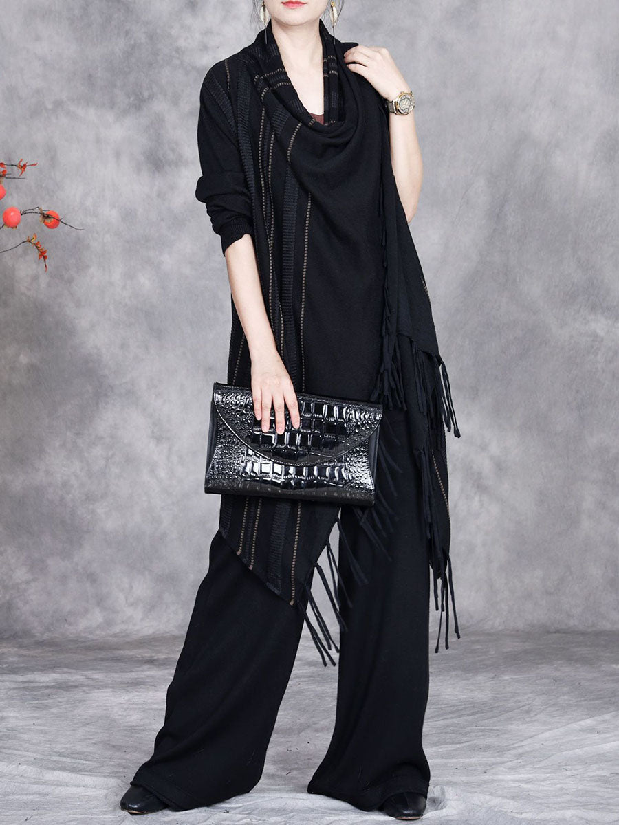 Women Autumn Artsy Stripe Knitted Tassel Cardigan Coat WG032 BK