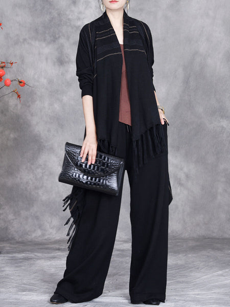 Women Autumn Artsy Stripe Knitted Tassel Cardigan Coat WG032 BK