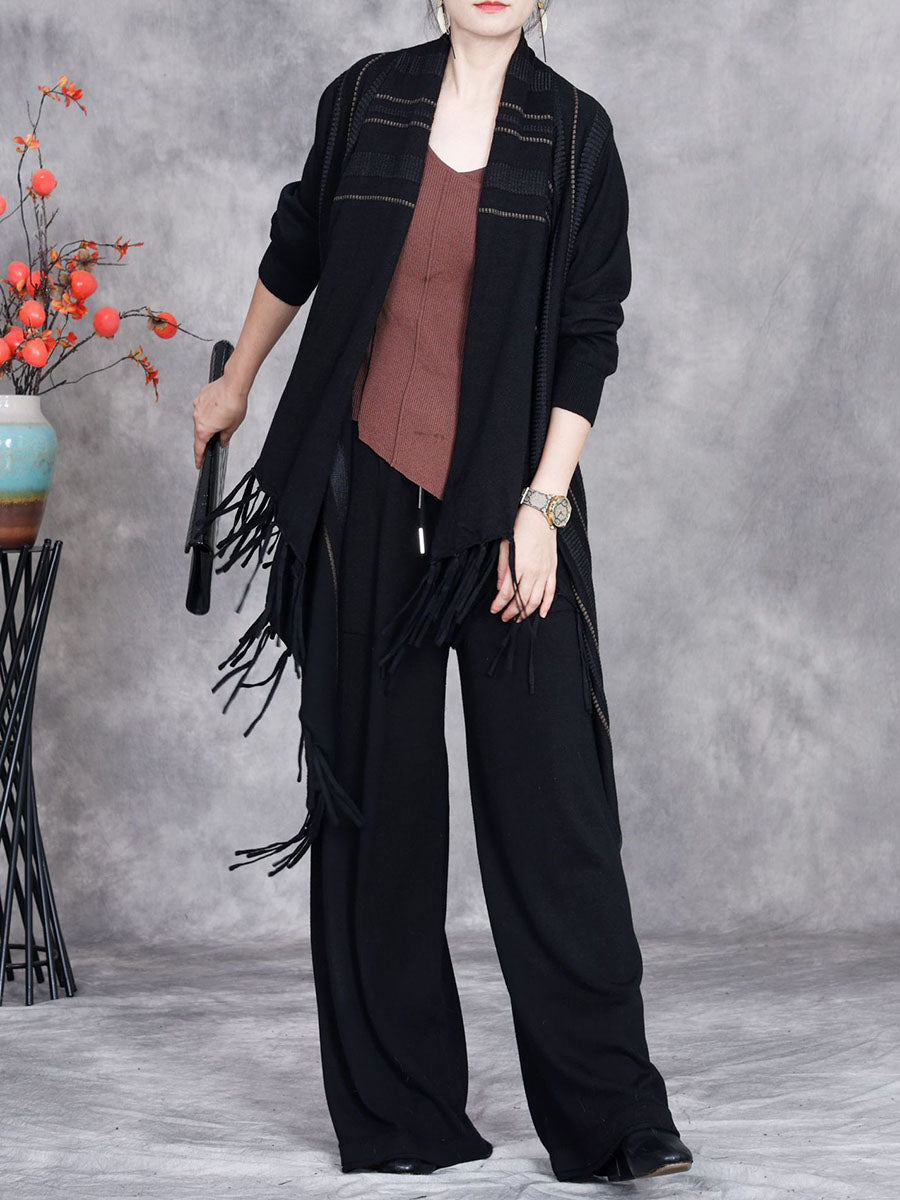 Women Autumn Artsy Stripe Knitted Tassel Cardigan Coat WG032 BK