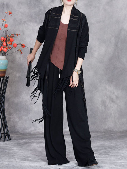 Women Autumn Artsy Stripe Knitted Tassel Cardigan Coat WG032 BK