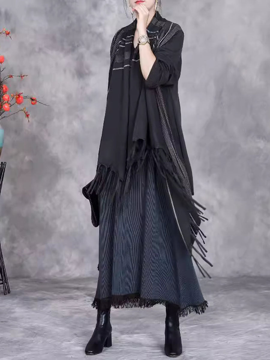 Women Autumn Artsy Stripe Knitted Tassel Cardigan Coat WG032 BK