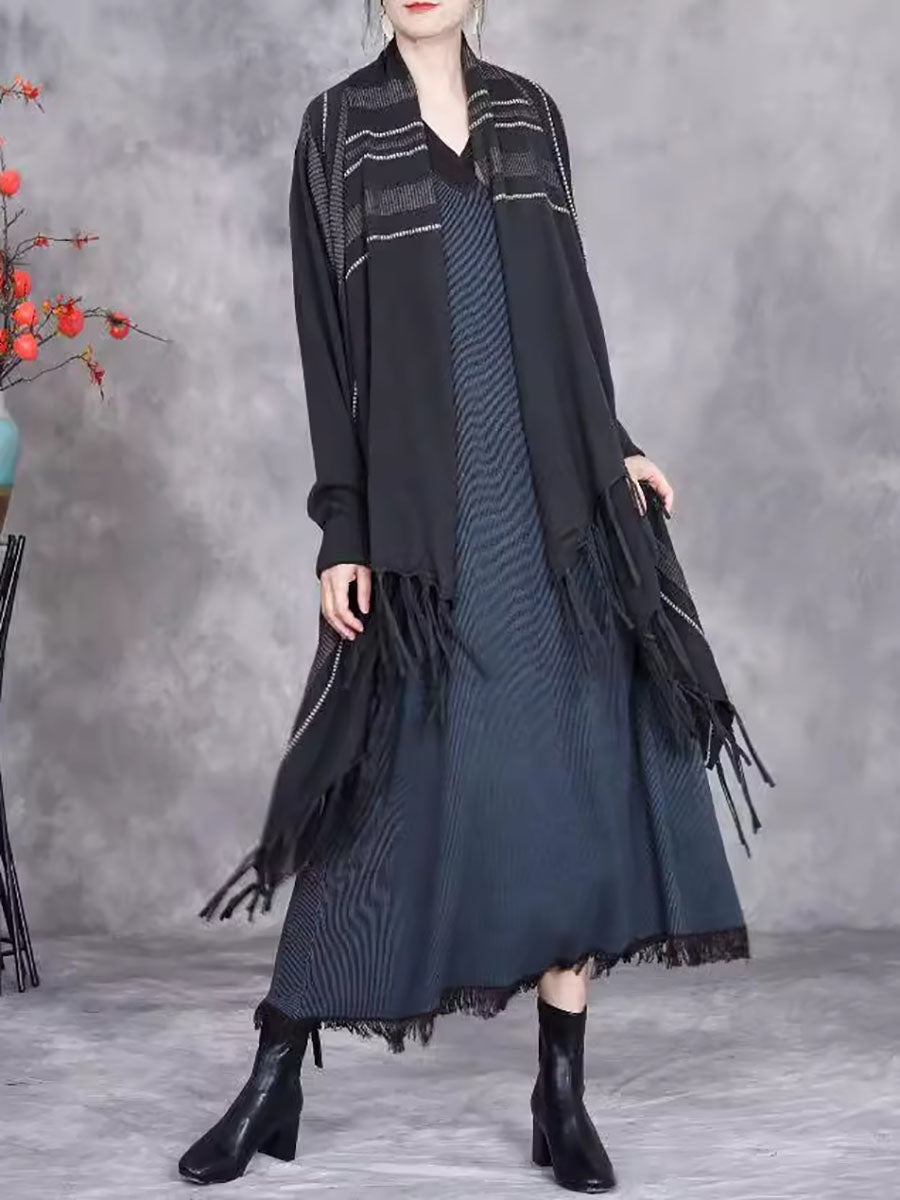 Women Autumn Artsy Stripe Knitted Tassel Cardigan Coat WG032 BK