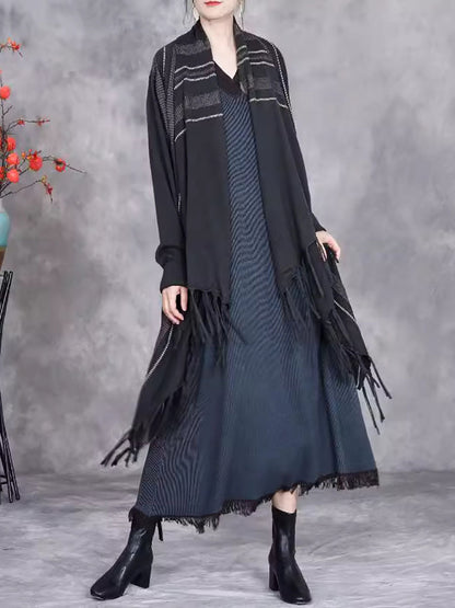 Women Autumn Artsy Stripe Knitted Tassel Cardigan Coat WG032 BK