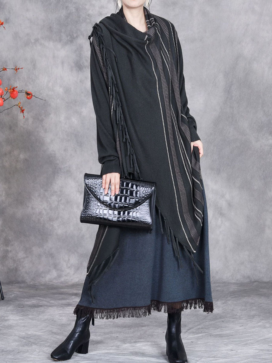 Women Autumn Artsy Stripe Knitted Tassel Cardigan Coat WG032 BK