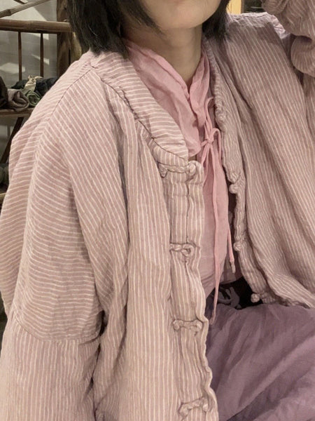 Women Ethnic Autumn Stripe Cotton Stand Collar Coat AV1062 Genistyle Shop