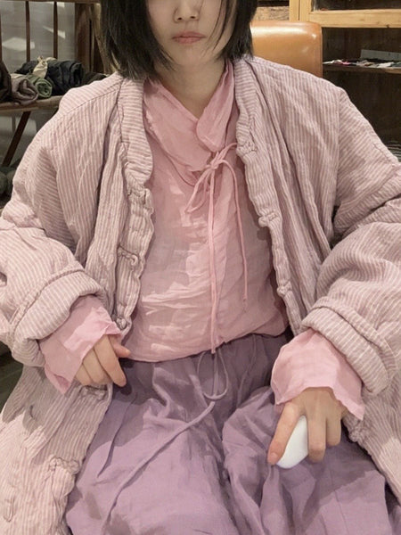 Women Ethnic Autumn Stripe Cotton Stand Collar Coat AV1062 Genistyle Shop