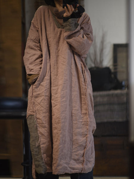 Women Retro Autumn Colorblock Linen Robe Dress AV1065 Genistyle Shop