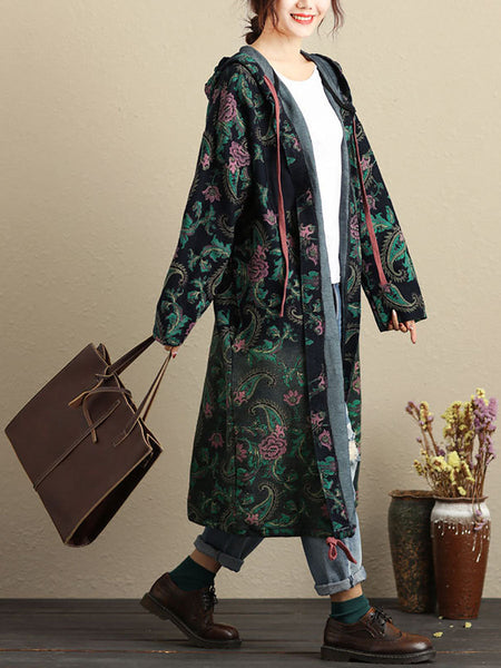 Women Autumn Vintage Flower Hooded Pocket Cotton Coat AV1056 Genistyle Shop