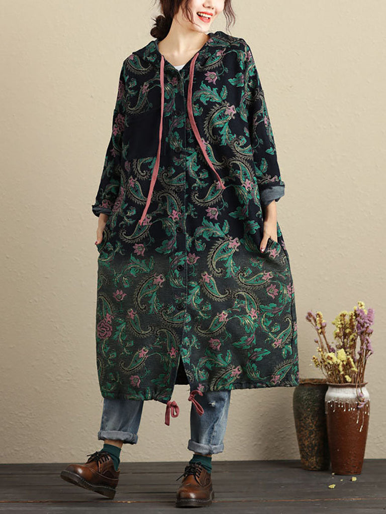 Women Autumn Vintage Flower Hooded Pocket Cotton Coat AV1056 Genistyle Shop