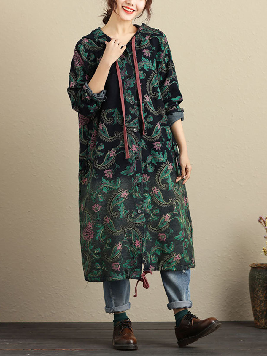 Women Autumn Vintage Flower Hooded Pocket Cotton Coat AV1056 Genistyle Shop