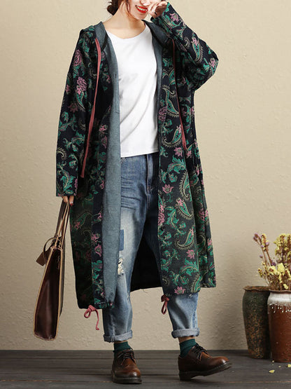 Women Autumn Vintage Flower Hooded Pocket Cotton Coat AV1056 Genistyle Shop