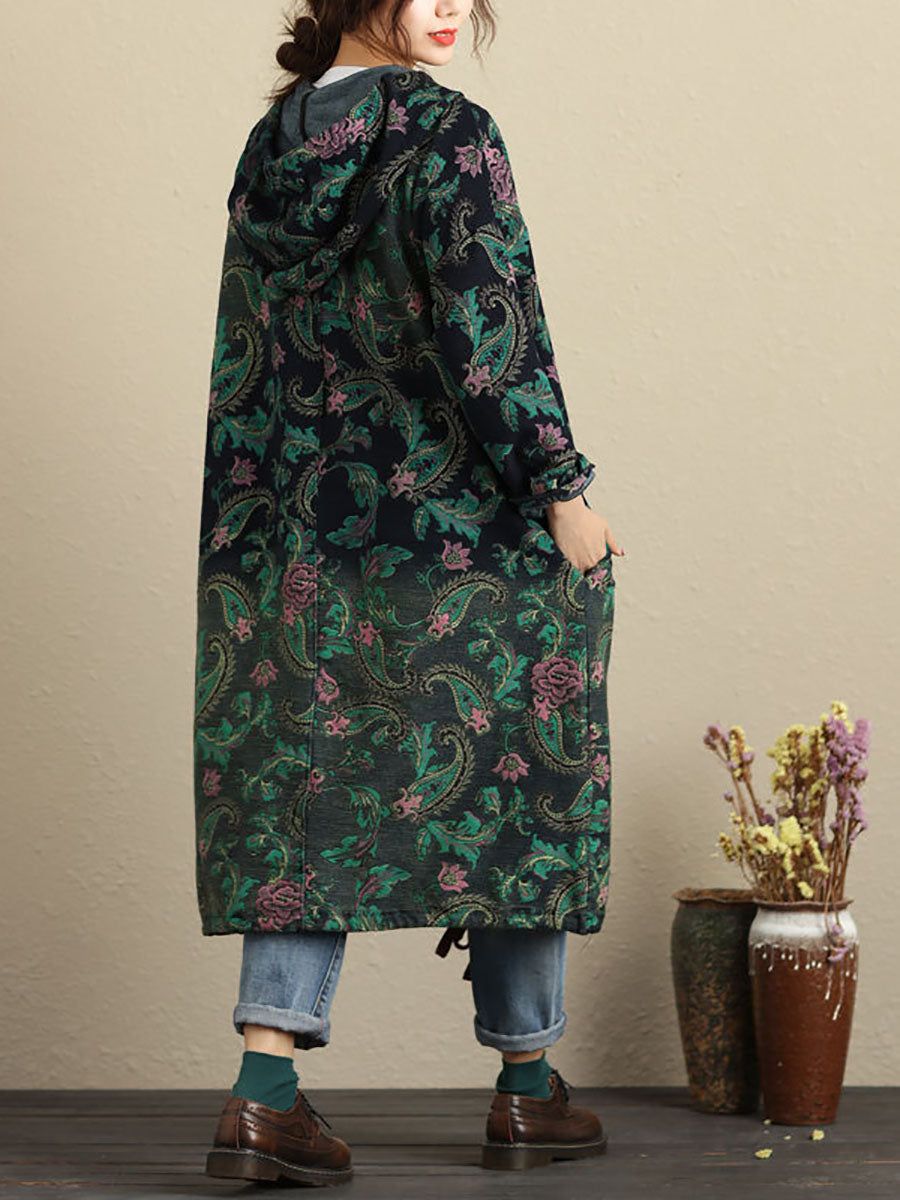 Women Autumn Vintage Flower Hooded Pocket Cotton Coat AV1056 Genistyle Shop