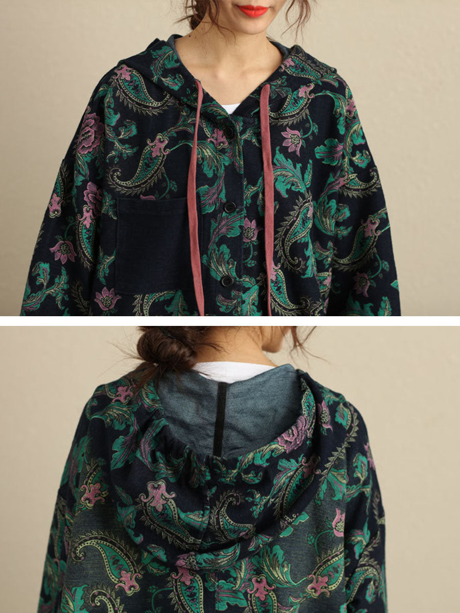 Women Autumn Vintage Flower Hooded Pocket Cotton Coat AV1056 Genistyle Shop