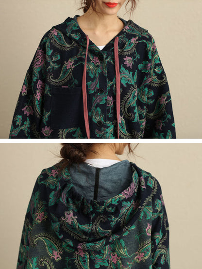 Women Autumn Vintage Flower Hooded Pocket Cotton Coat AV1056 Genistyle Shop