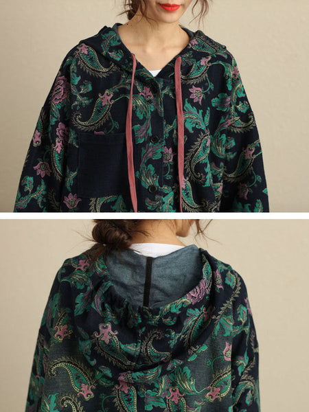 Women Autumn Vintage Flower Hooded Pocket Cotton Coat AV1056 Genistyle Shop