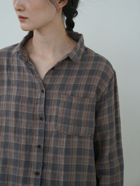 Women Ethnic Autumn Plaid Linen Shirt AV1061 Genistyle Shop